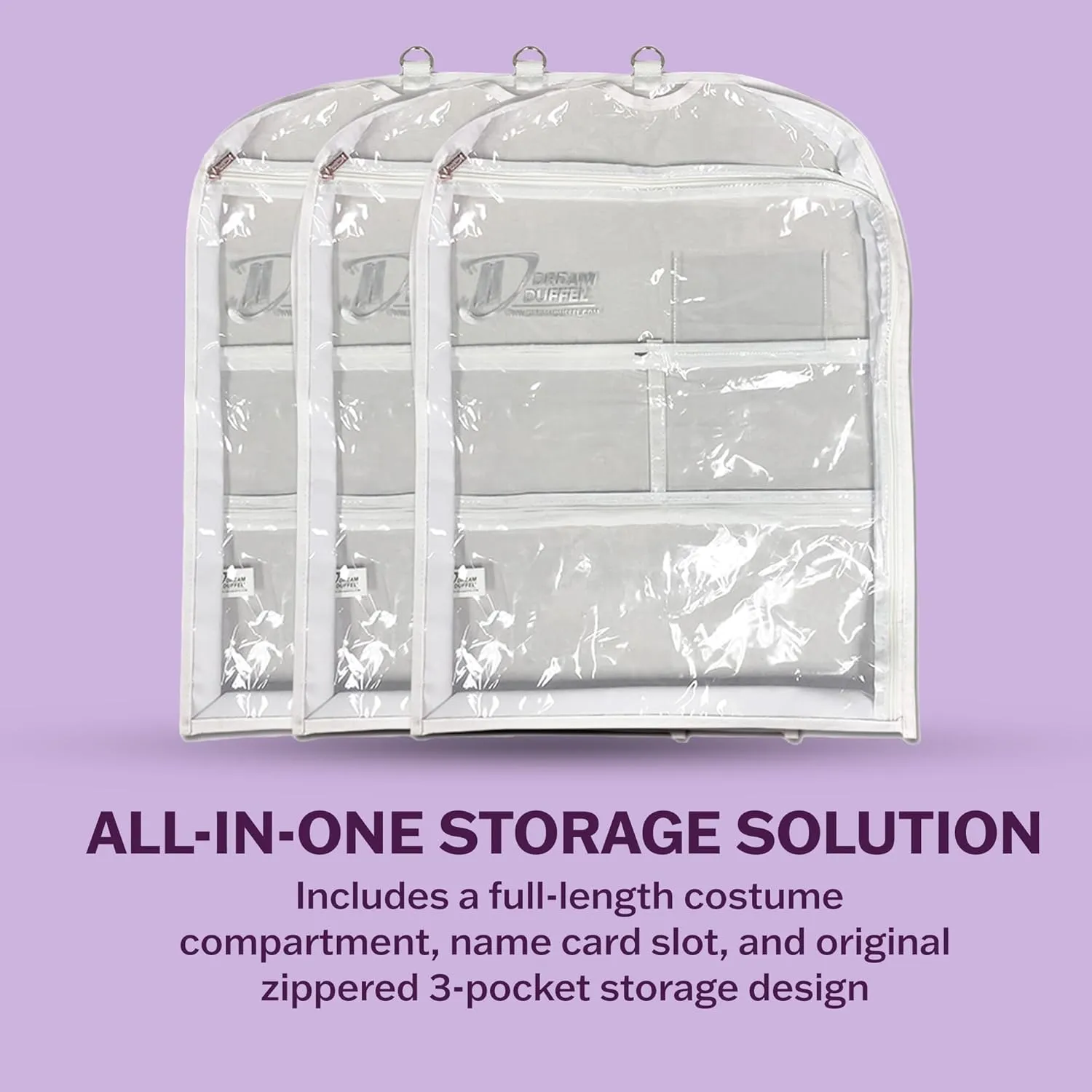 Clear Garment Bags for Dance Costumes 3-Pack, Short-Size, Side Zipper Entry, Storage Pockets for Shoes & Accessories, Size 24”x18”, Dream Duffel
