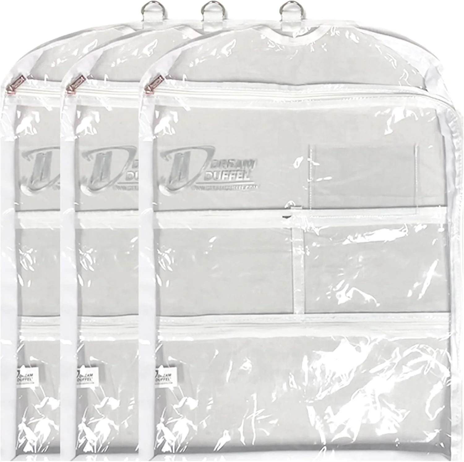Clear Garment Bags for Dance Costumes 3-Pack, Short-Size, Side Zipper Entry, Storage Pockets for Shoes & Accessories, Size 24”x18”, Dream Duffel