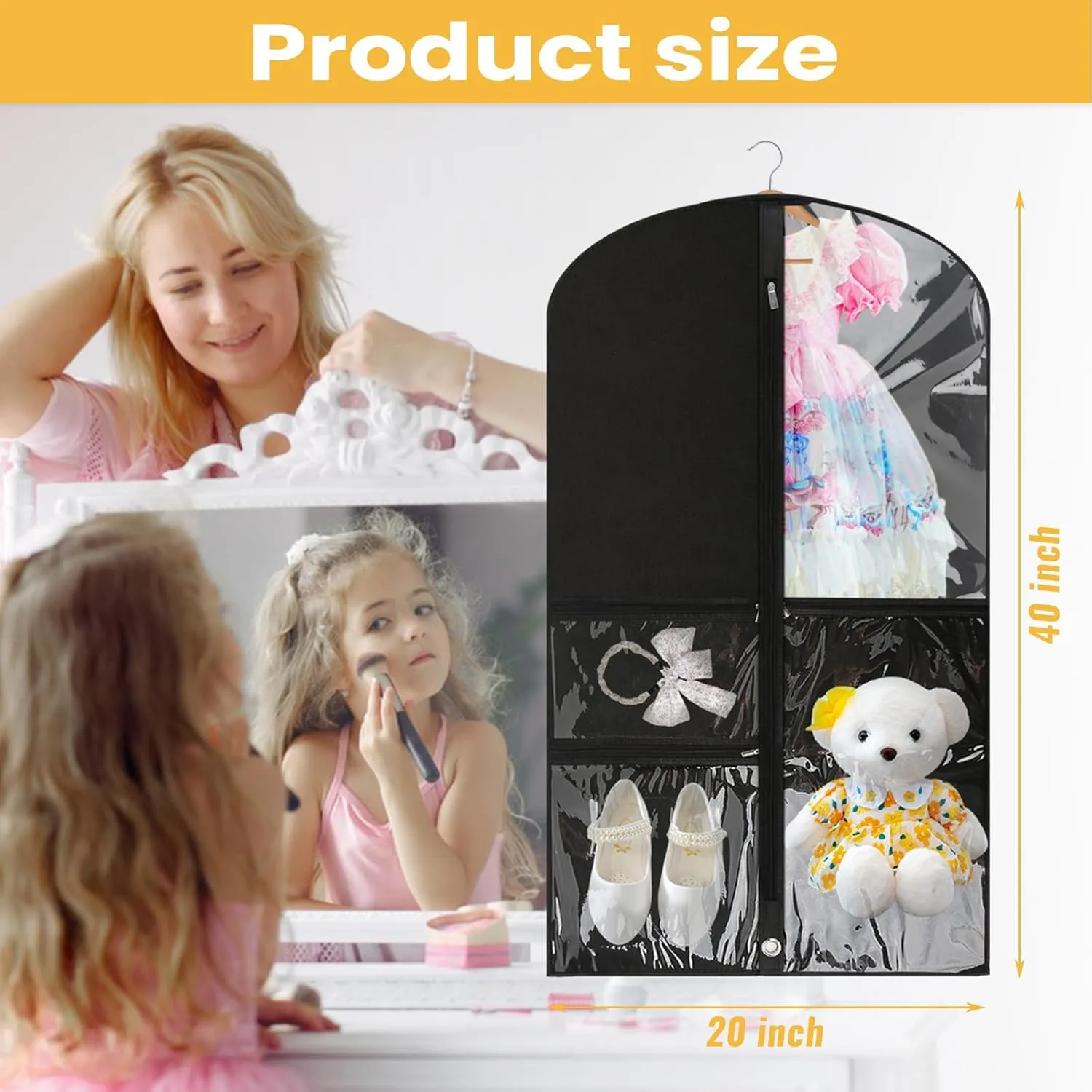 Clear Kids Dance Costume Garment Bags Foldable Travel Costume Organizer 20" x 40" Hanging Clothes for Dance Competitions with 3 Zipper Pockets（2 Pcs，Black)