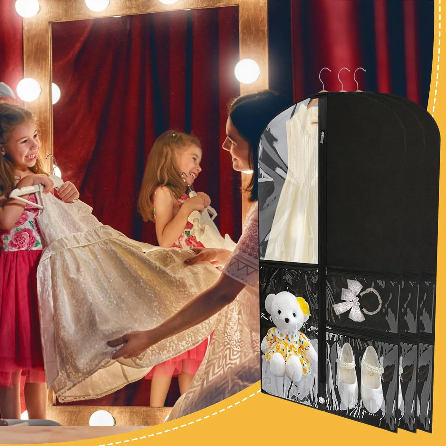Clear Kids Dance Costume Garment Bags Foldable Travel Costume Organizer 20" x 40" Hanging Clothes for Dance Competitions with 3 Zipper Pockets（2 Pcs，Black)