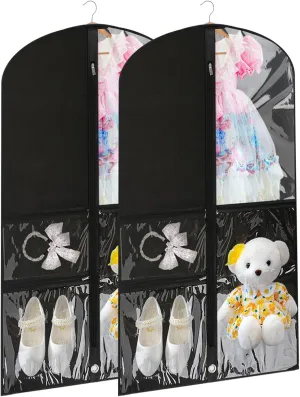 Clear Kids Dance Costume Garment Bags Foldable Travel Costume Organizer 20" x 40" Hanging Clothes for Dance Competitions with 3 Zipper Pockets（2 Pcs，Black)