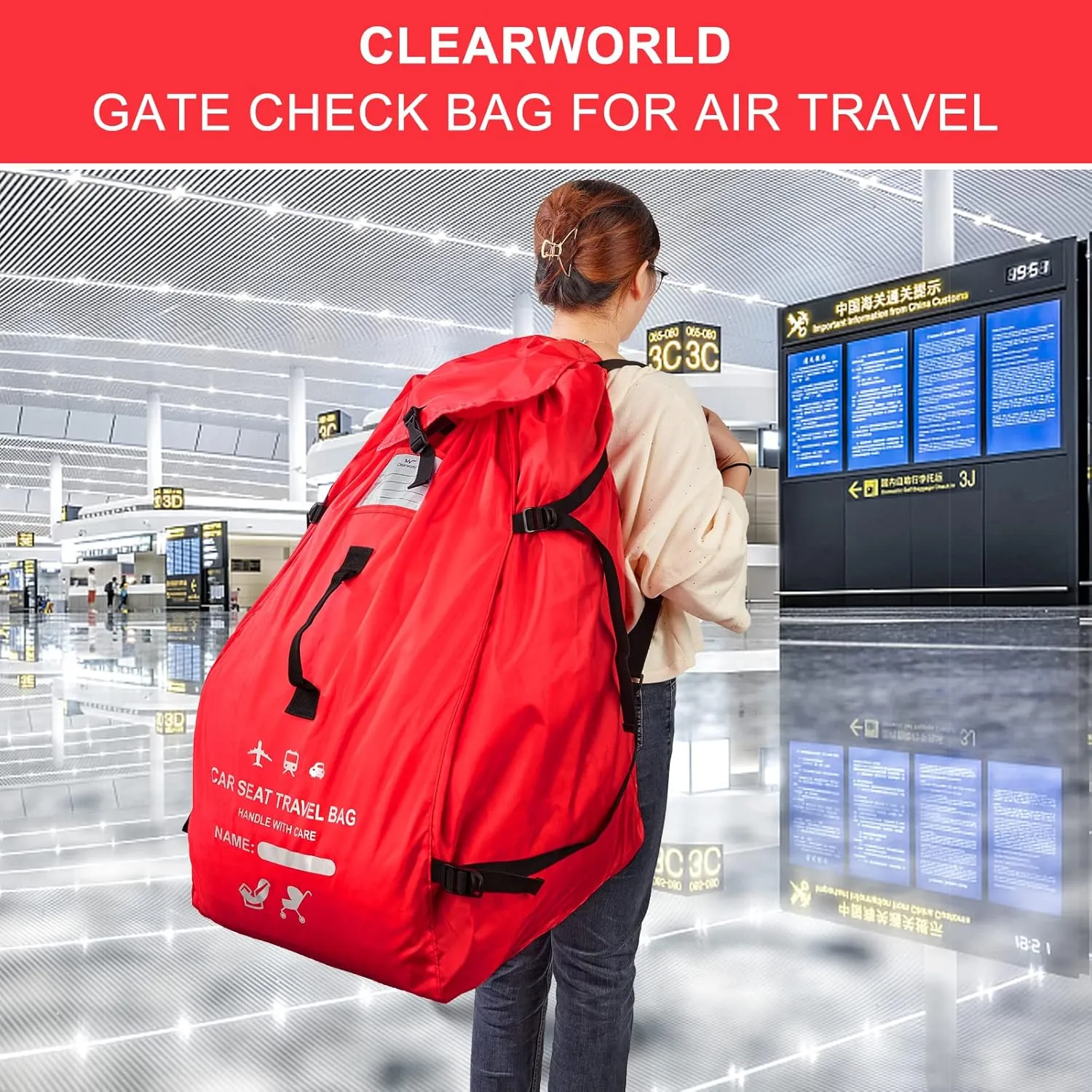 Clearworld Car Seat Travel Bag for Air Travel, Durable Gate Check Bag for Airport,Foldable Baby Stroller Travel Carry Bag, Fits Car Seats, Infant Carriers & Booster,Universal Size Red