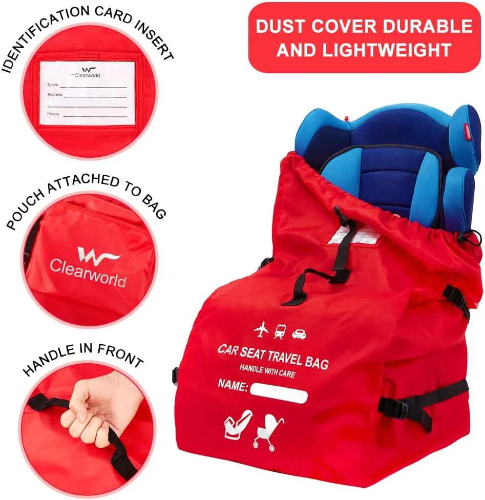 Clearworld Car Seat Travel Bag for Air Travel, Durable Gate Check Bag for Airport,Foldable Baby Stroller Travel Carry Bag, Fits Car Seats, Infant Carriers & Booster,Universal Size Red