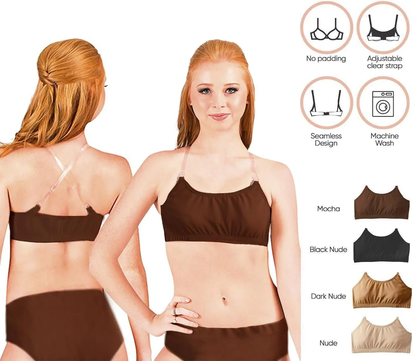 Clementine Apparel - Girls and Women Dance Bra with Clear Detachable Straps Unpadded & Seamless