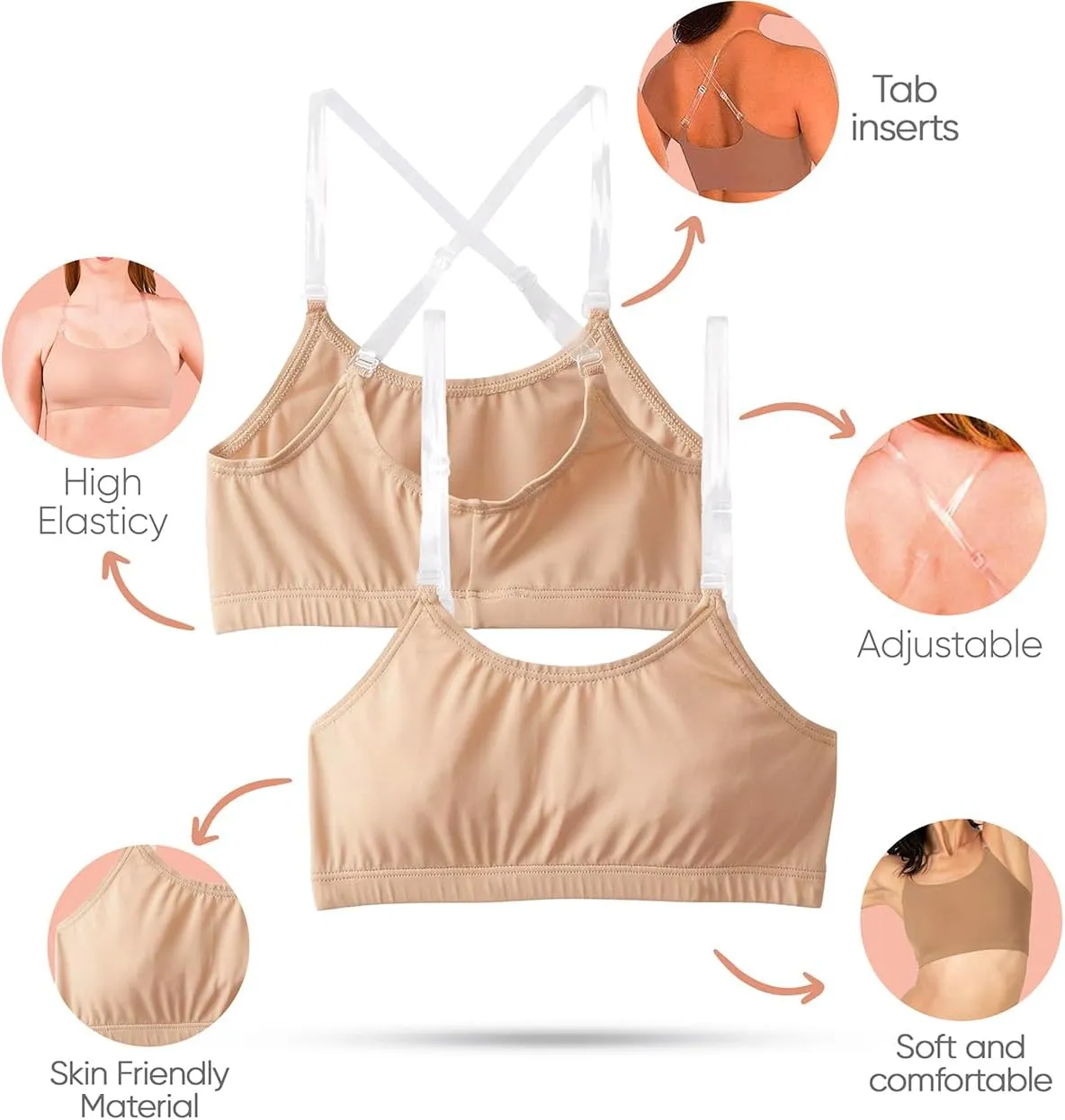 Clementine Apparel - Girls and Women Dance Bra with Clear Detachable Straps Unpadded & Seamless