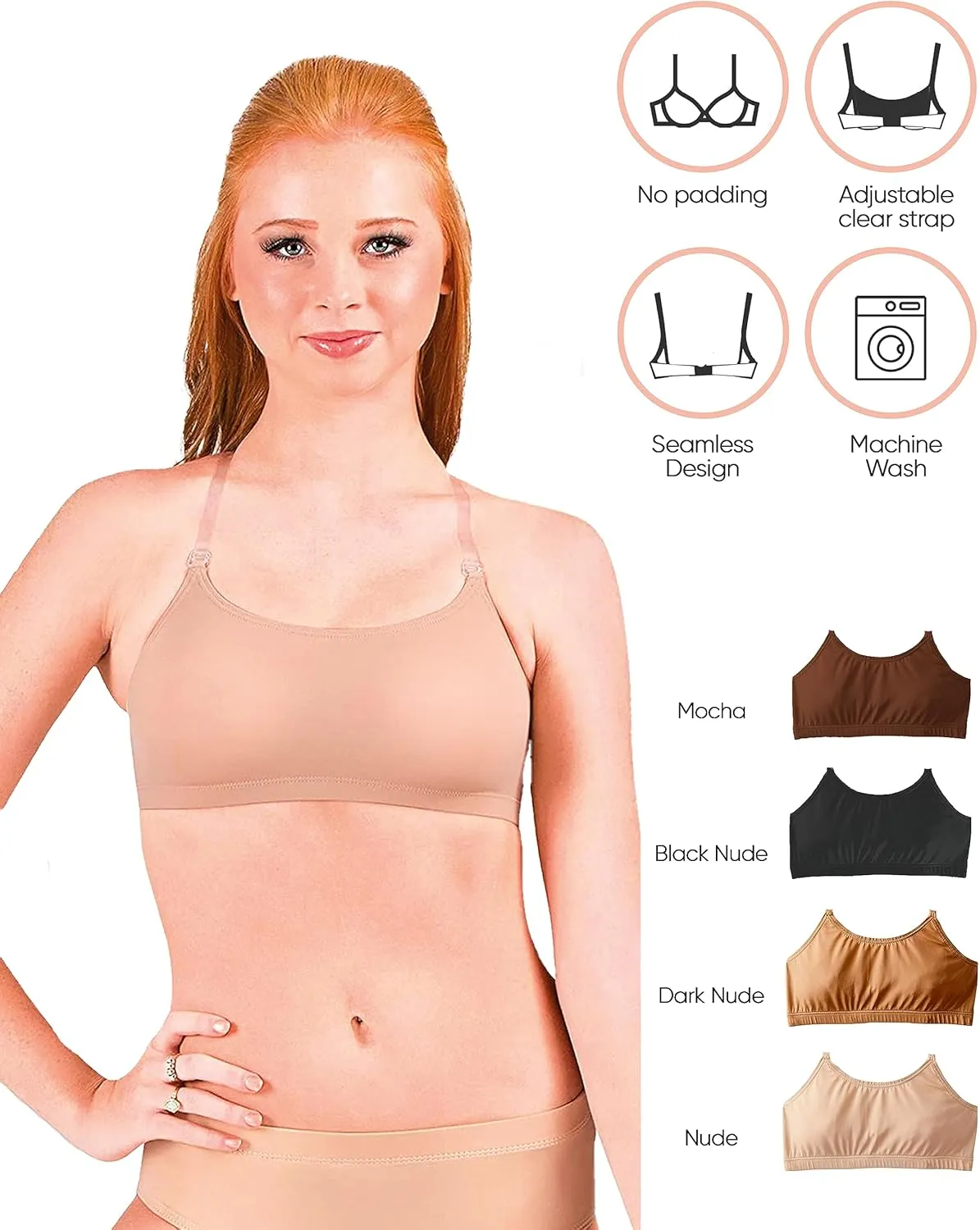 Clementine Apparel - Girls and Women Dance Bra with Clear Detachable Straps Unpadded & Seamless