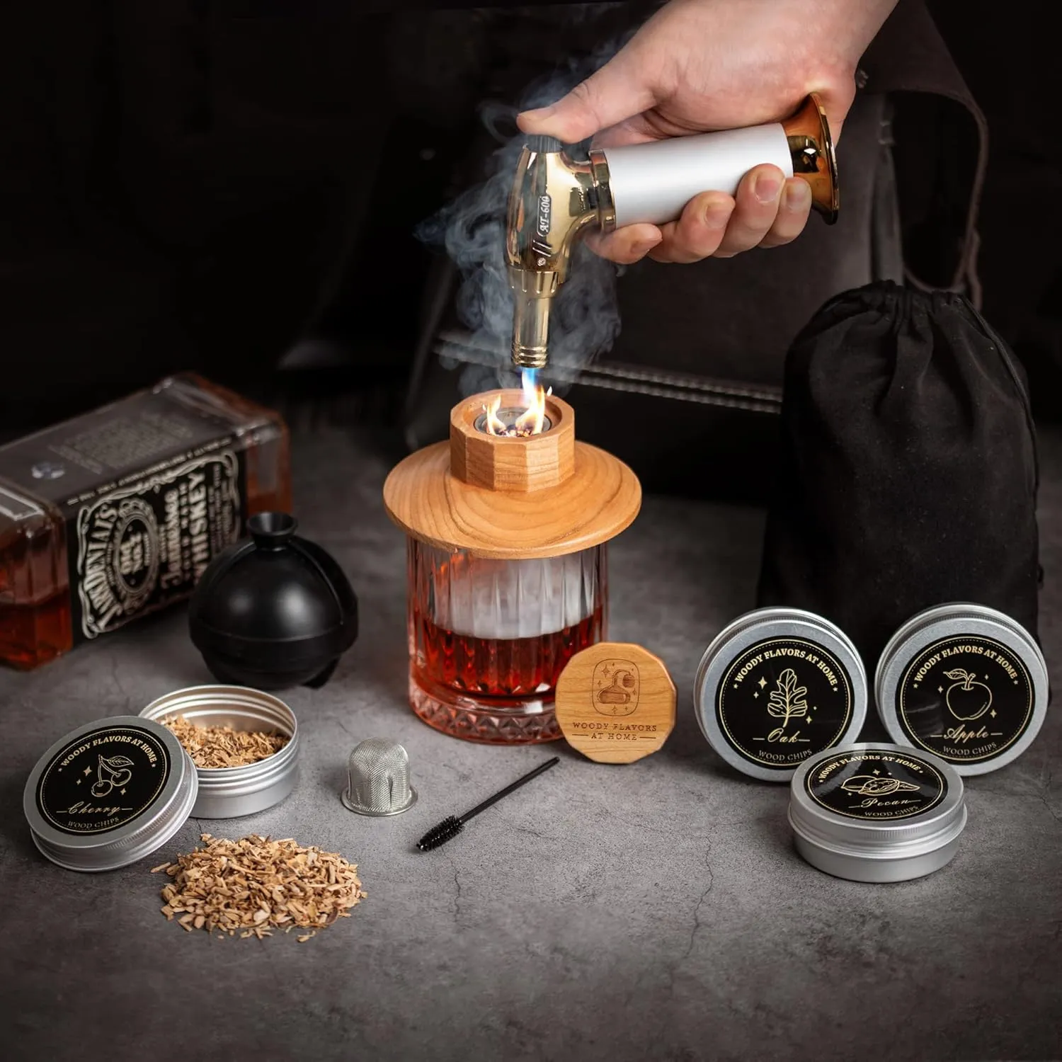 Cocktail Smoker Kit – Drink Smoker Bartender Kit with Torch, Sphere Ice Molds, Aromatic Wood Chips – Professional Bourbon Smoker Kit for Cocktails, Whiskey. Butane not Included