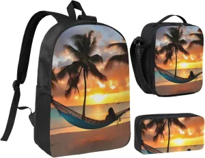 Coconut Beach Sunset Hammock print Backpack 3pcs Set Including 17 Inch Large BookBag With Lunch Bag And Practical Pen Bag