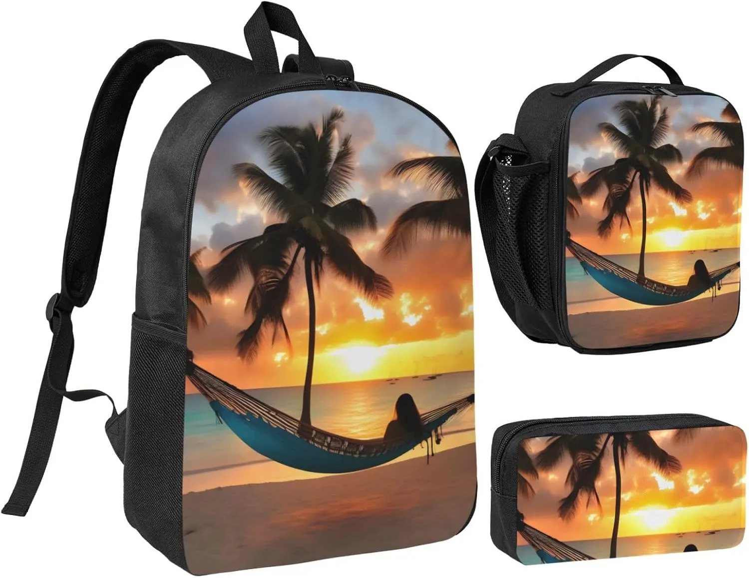 Coconut Beach Sunset Hammock print Backpack 3pcs Set Including 17 Inch Large BookBag With Lunch Bag And Practical Pen Bag
