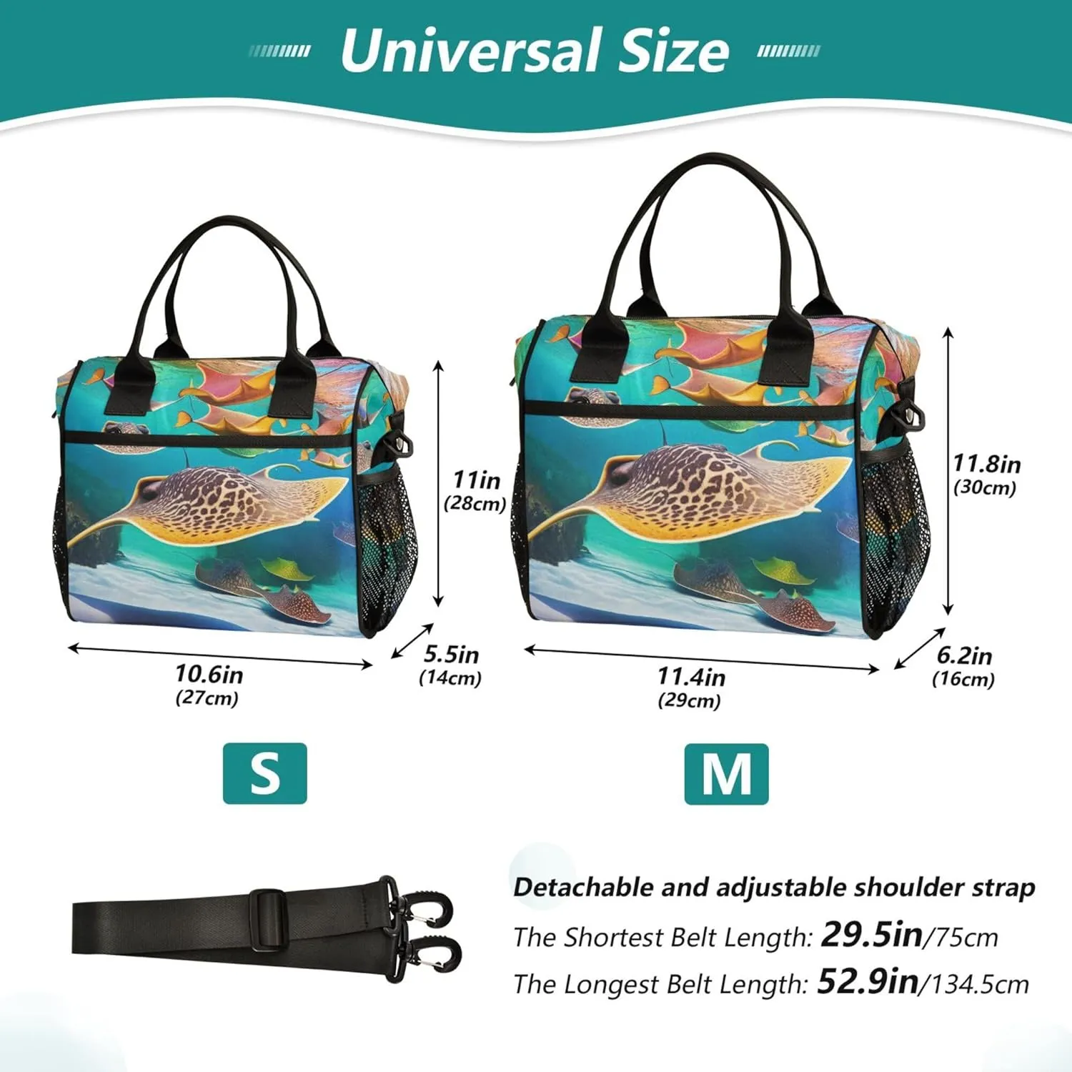 Colorful Stingray Fish Ocean Large Lunch Tote Bag Insulated Lunch Boxes with Adjustable Shoulder Strap