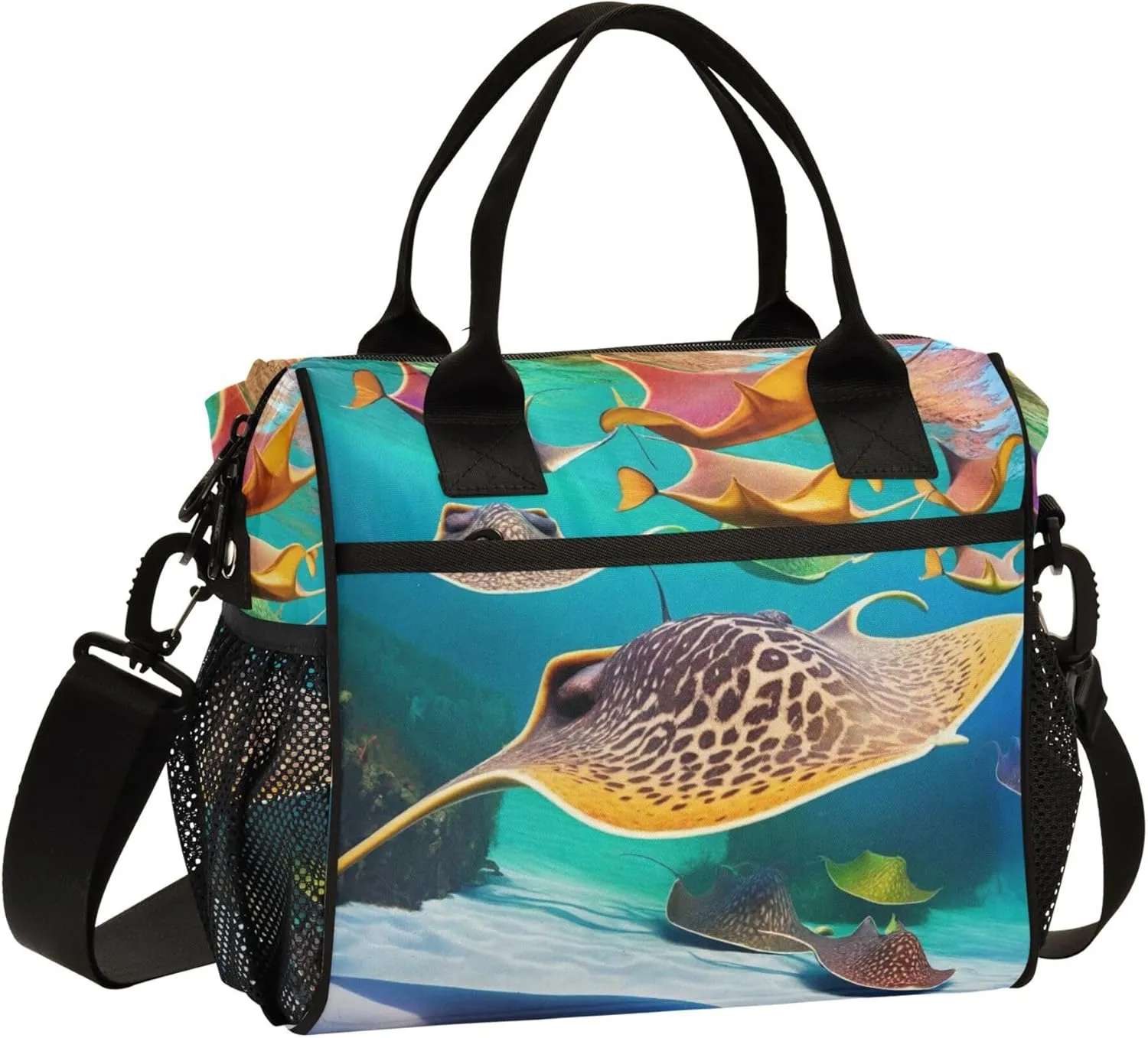 Colorful Stingray Fish Ocean Large Lunch Tote Bag Insulated Lunch Boxes with Adjustable Shoulder Strap