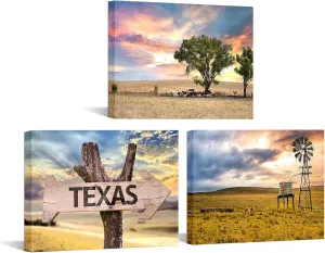 Conipit Texas Landscape Canvas Wall Art Farm Landscape Prints Farmhouse Windmill Tree Pictures Painting Framed For Living Room Bedroom Wall Decor 12''x16''x3pcs