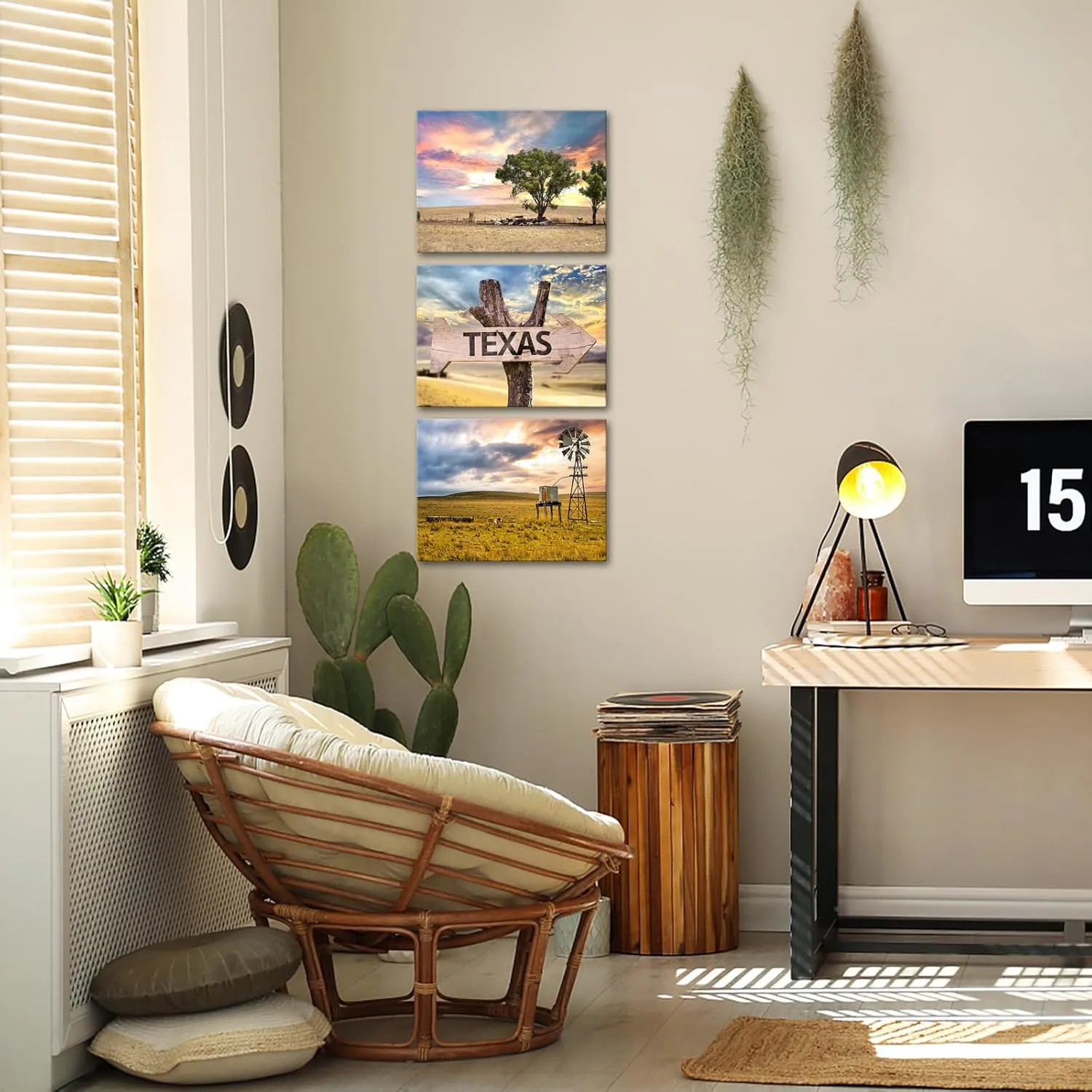 Conipit Texas Landscape Canvas Wall Art Farm Landscape Prints Farmhouse Windmill Tree Pictures Painting Framed For Living Room Bedroom Wall Decor 12''x16''x3pcs