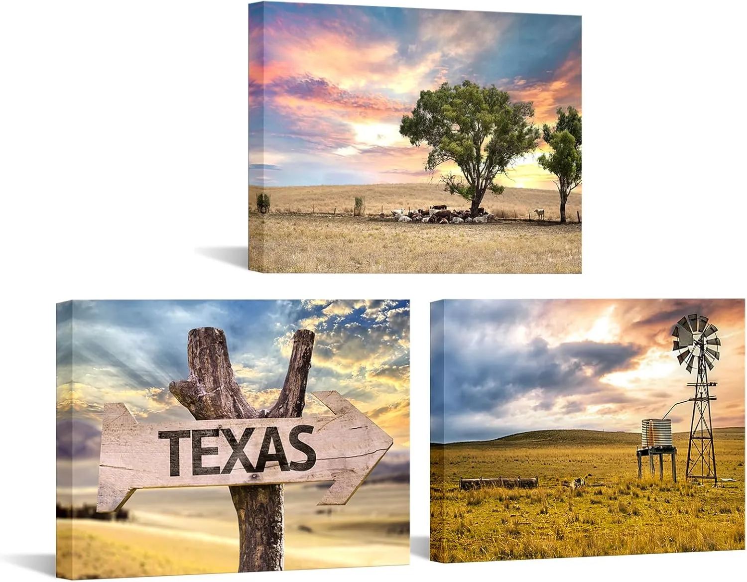 Conipit Texas Landscape Canvas Wall Art Farm Landscape Prints Farmhouse Windmill Tree Pictures Painting Framed For Living Room Bedroom Wall Decor 12''x16''x3pcs