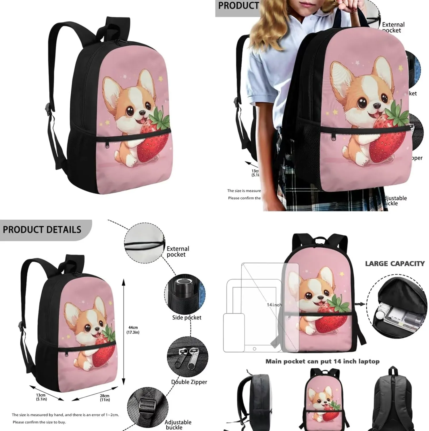Corgi Backpack for 5th Grade Girls Cool Backpack Set 3 Piece Student Back to School Book Bag with Zipper Pencil Case for Boys 1st-6th Grade Outdoor Picnic Casual Daypack