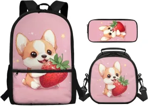 Corgi Backpack for 5th Grade Girls Cool Backpack Set 3 Piece Student Back to School Book Bag with Zipper Pencil Case for Boys 1st-6th Grade Outdoor Picnic Casual Daypack