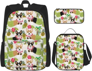 Corgi Hawaiian Tropical Summer Pineapple Print Versatile Adjustable Shoulder Fashion Backpack Lunch Bag Pencil Case Large Capacity