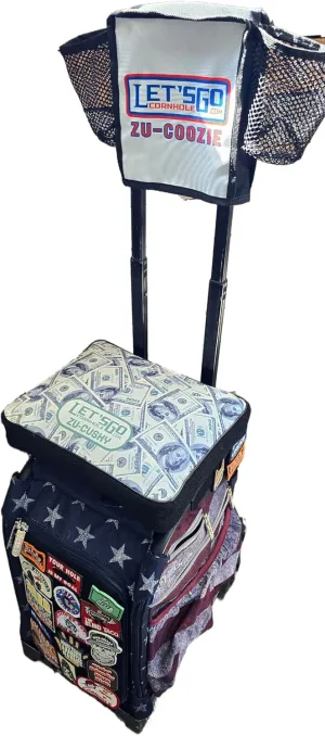 Cornhole Rolling cart seat Cushion. The ZUCUSHY Easily attaches/detaches in Seconds. Ice Skating disc Golf Hockey Bag toss Zuca Compatible Patchable Stylish Hundred Dollar Bill Design