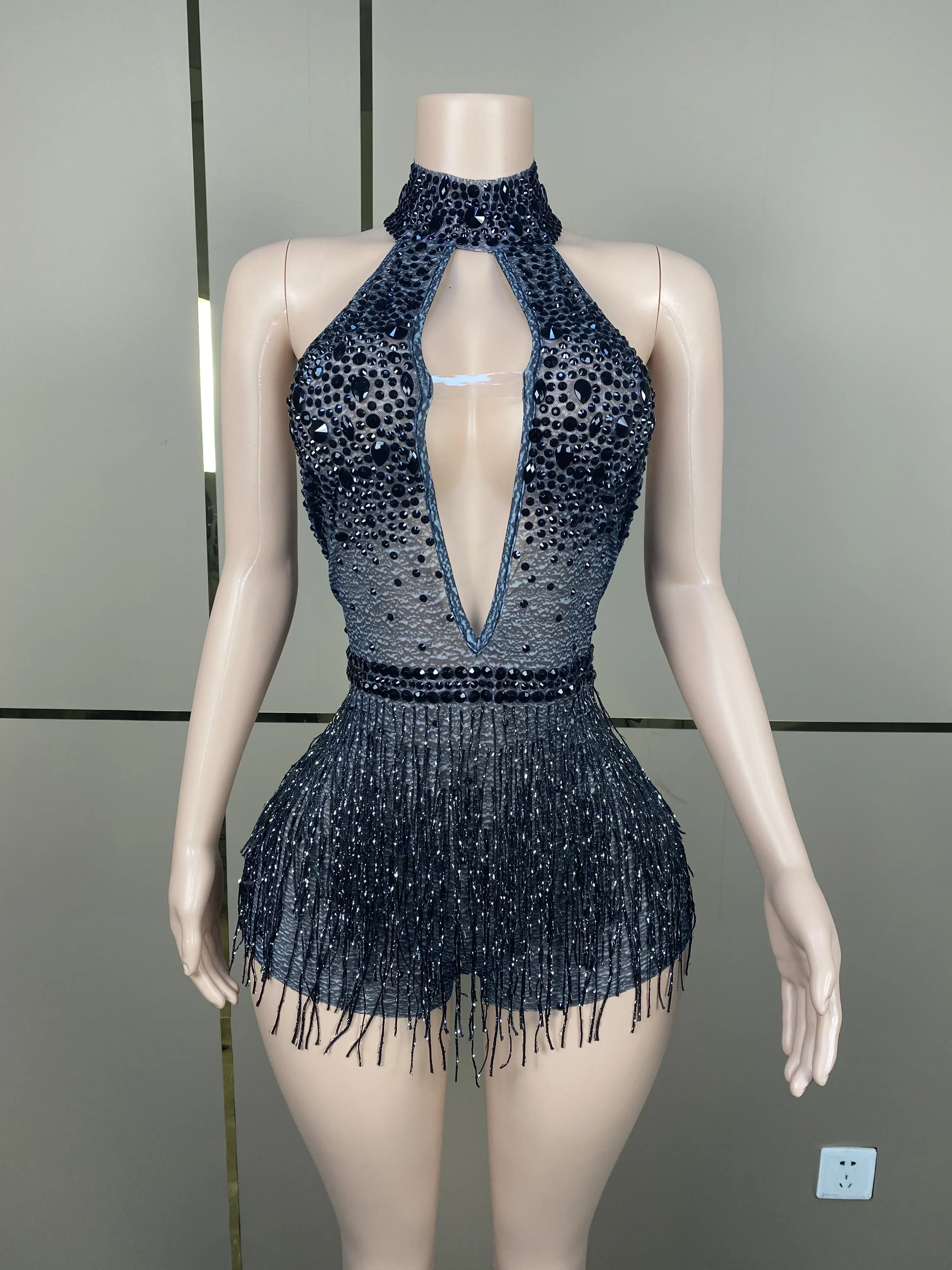 Costume Birthday Party Outfit DressRhinestones Pearls Transparent Dress Dance Show Women New Sexy Fashion Gold