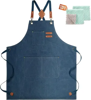Cotton Canvas Cross Back Apron for Men and Women,Chef Apron With Adjustable Strap and Large Pockets,Kitchen Cooking Baking Bib Heavy Duty Work Apron