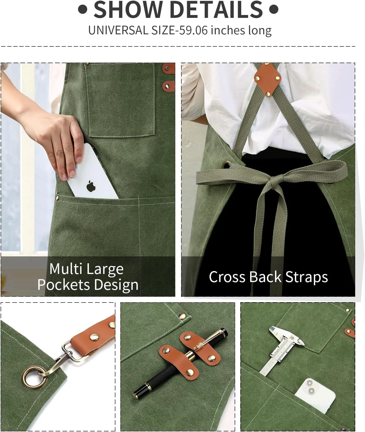Cotton Canvas Cross Back Apron for Men and Women,Chef Apron With Adjustable Strap and Large Pockets,Kitchen Cooking Baking Bib Heavy Duty Work Apron(Army green)
