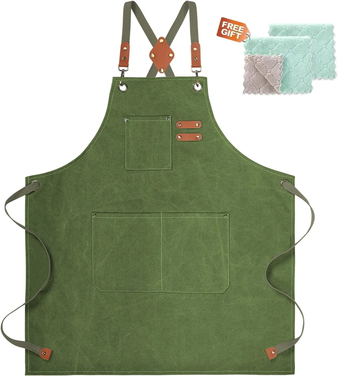 Cotton Canvas Cross Back Apron for Men and Women,Chef Apron With Adjustable Strap and Large Pockets,Kitchen Cooking Baking Bib Heavy Duty Work Apron(Army green)