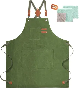 Cotton Canvas Cross Back Apron for Men and Women,Chef Apron With Adjustable Strap and Large Pockets,Kitchen Cooking Baking Bib Heavy Duty Work Apron(Army green)