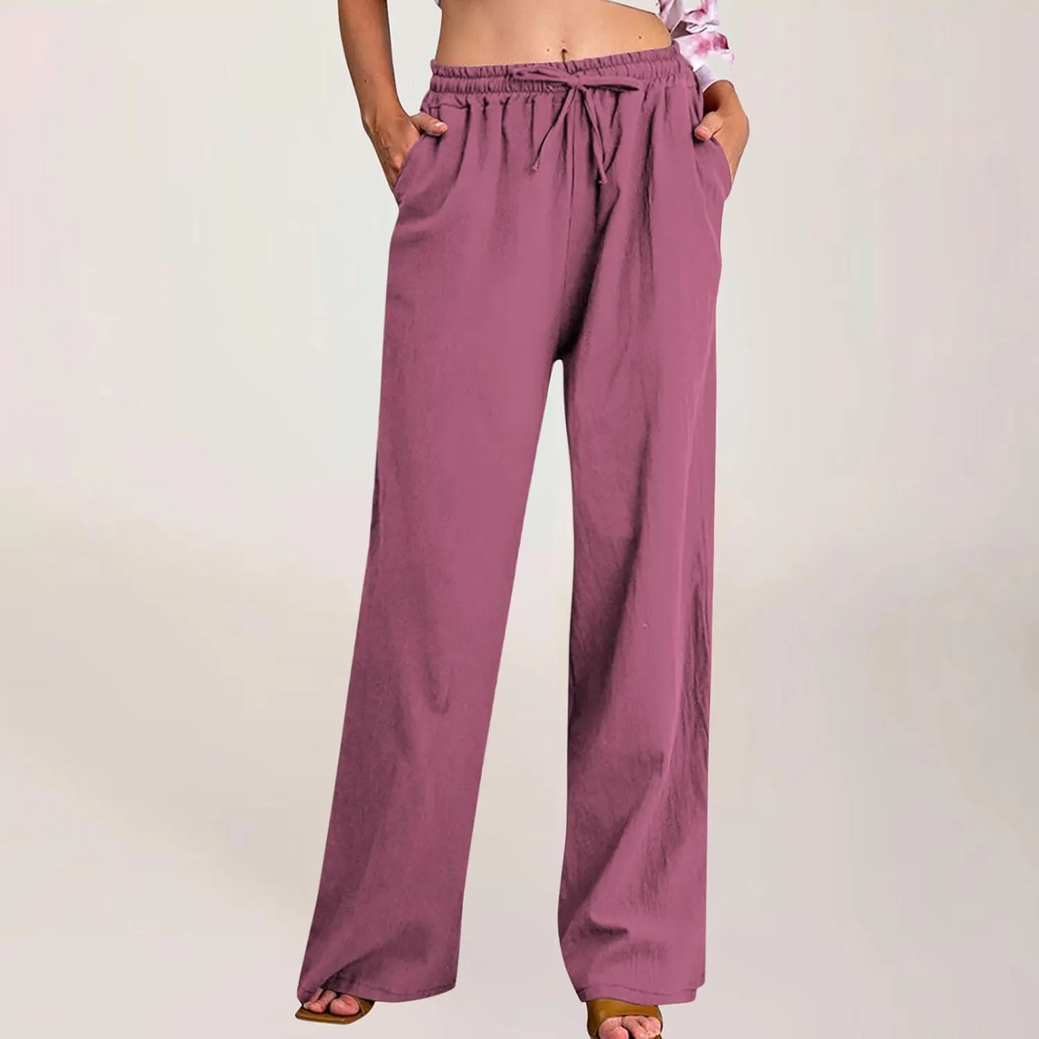 Cotton Linen Pants for Women Dressy Casual Trousers Loose Drawstring Waist Lounge Long Pants Pockets Summer Outfits