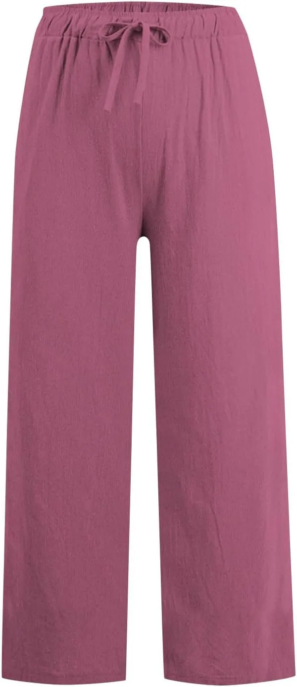 Cotton Linen Pants for Women Dressy Casual Trousers Loose Drawstring Waist Lounge Long Pants Pockets Summer Outfits