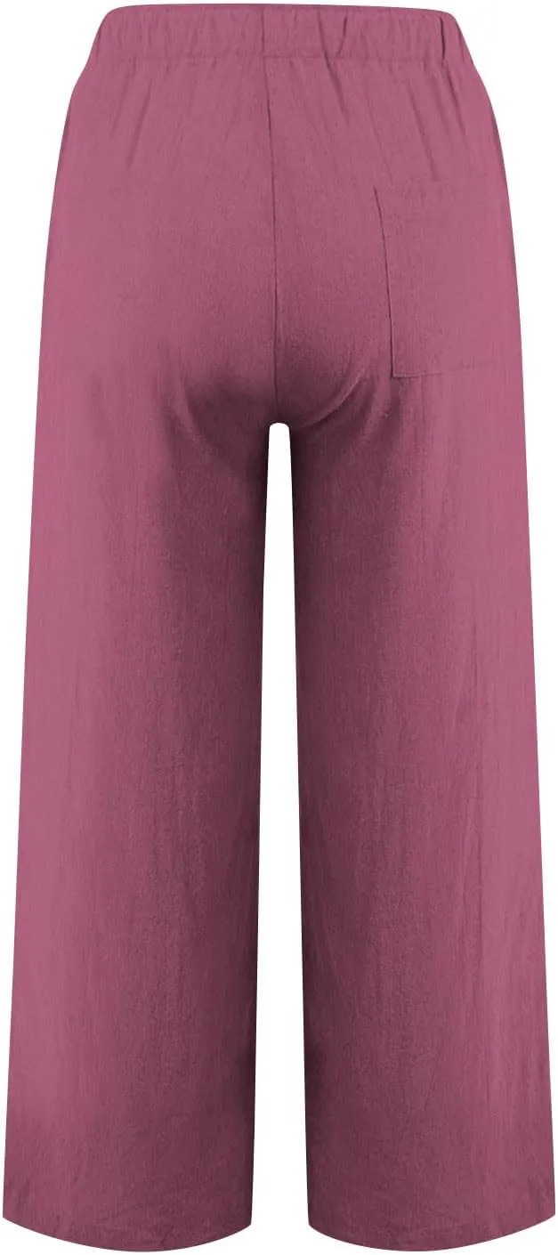 Cotton Linen Pants for Women Dressy Casual Trousers Loose Drawstring Waist Lounge Long Pants Pockets Summer Outfits