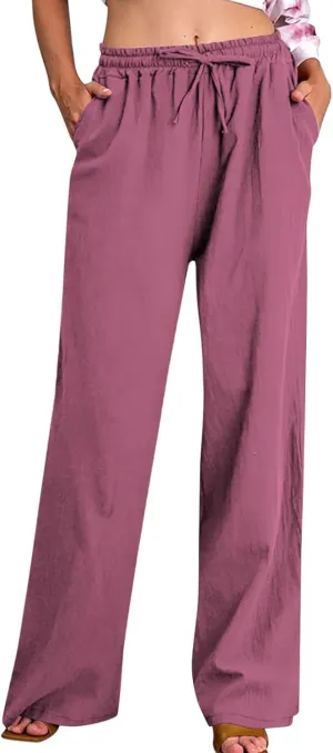 Cotton Linen Pants for Women Dressy Casual Trousers Loose Drawstring Waist Lounge Long Pants Pockets Summer Outfits
