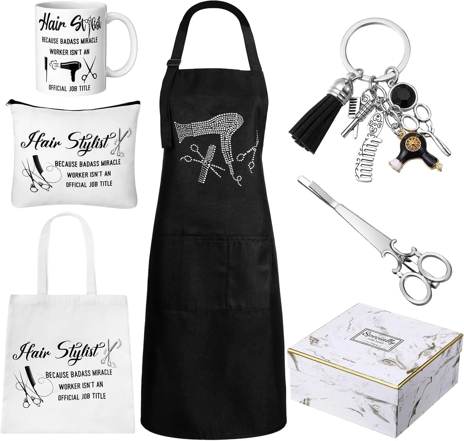 Coume 7 Pcs Hairdresser Gift Set Includes Hair Stylist Apron Tote Bag Makeup Bag Mugs Scissors Charm Keychain Scissor Hair Clips and Gift Box for Women Hairstylist Inspirational Appreciation Gifts