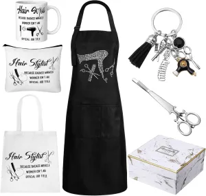 Coume 7 Pcs Hairdresser Gift Set Includes Hair Stylist Apron Tote Bag Makeup Bag Mugs Scissors Charm Keychain Scissor Hair Clips and Gift Box for Women Hairstylist Inspirational Appreciation Gifts