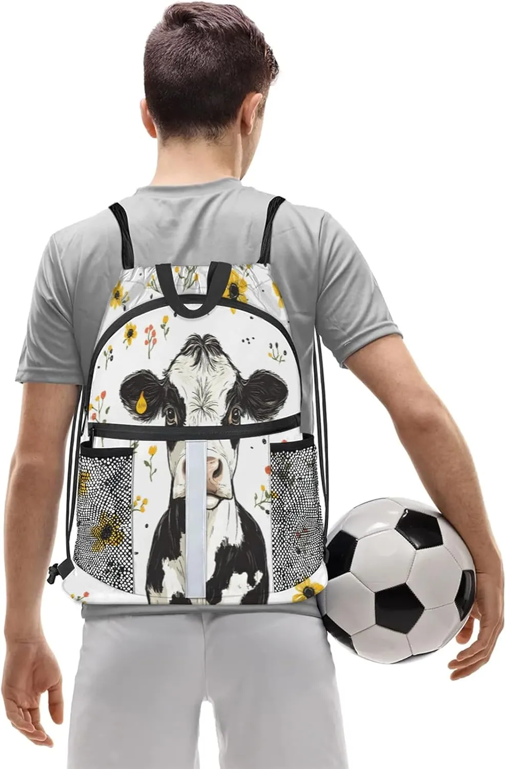 Cow Drawstring Backpack Waterproof Floral Cow Small String Bags Sackpack for Sports, Gym, Travel, Swimming, Beach