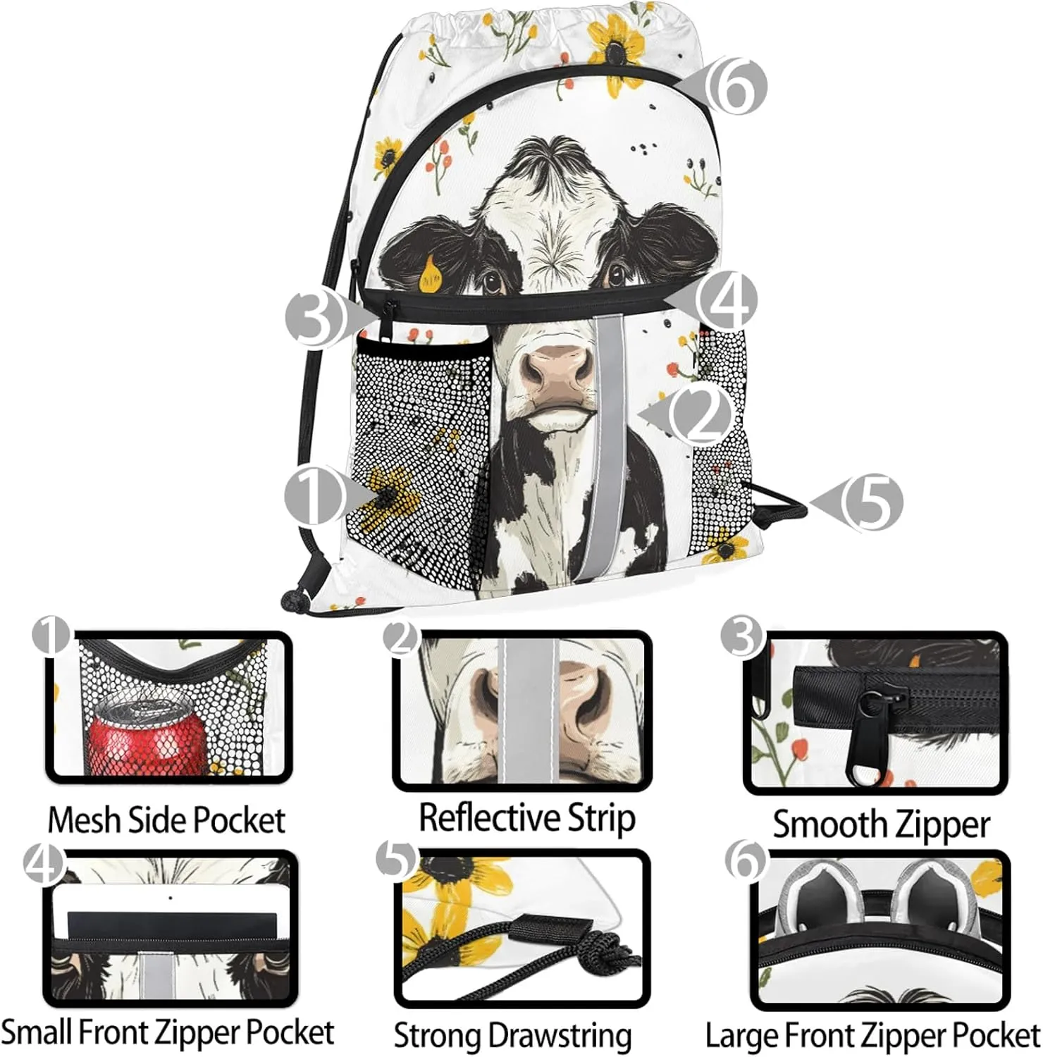 Cow Drawstring Backpack Waterproof Floral Cow Small String Bags Sackpack for Sports, Gym, Travel, Swimming, Beach