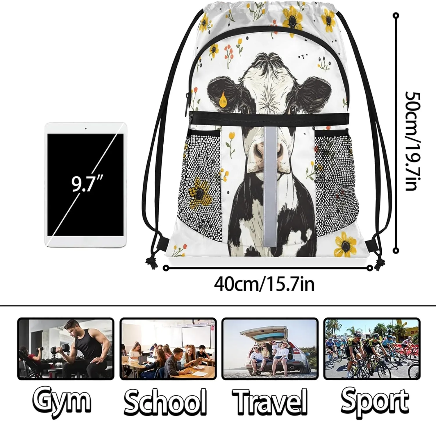 Cow Drawstring Backpack Waterproof Floral Cow Small String Bags Sackpack for Sports, Gym, Travel, Swimming, Beach