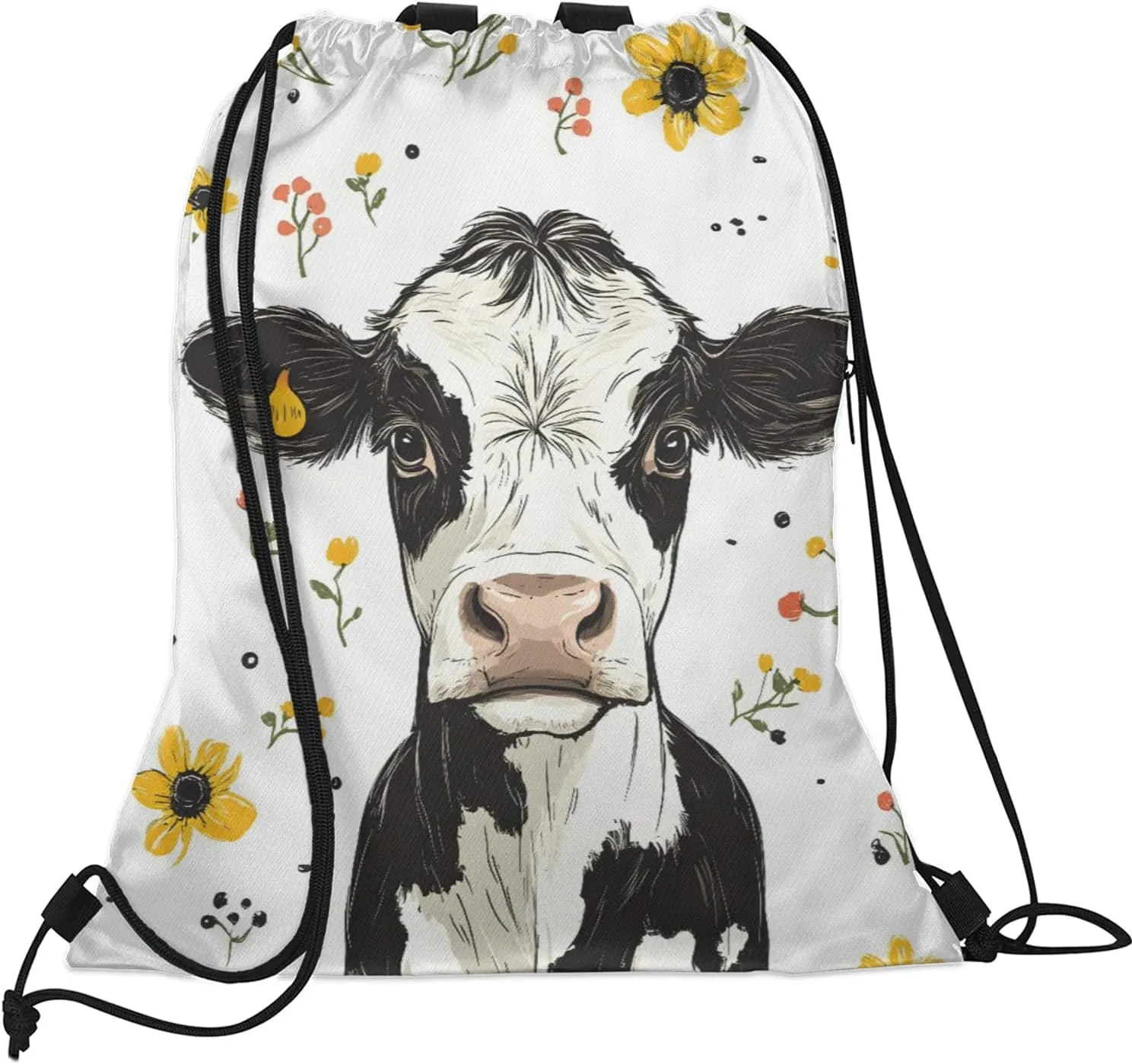 Cow Drawstring Backpack Waterproof Floral Cow Small String Bags Sackpack for Sports, Gym, Travel, Swimming, Beach