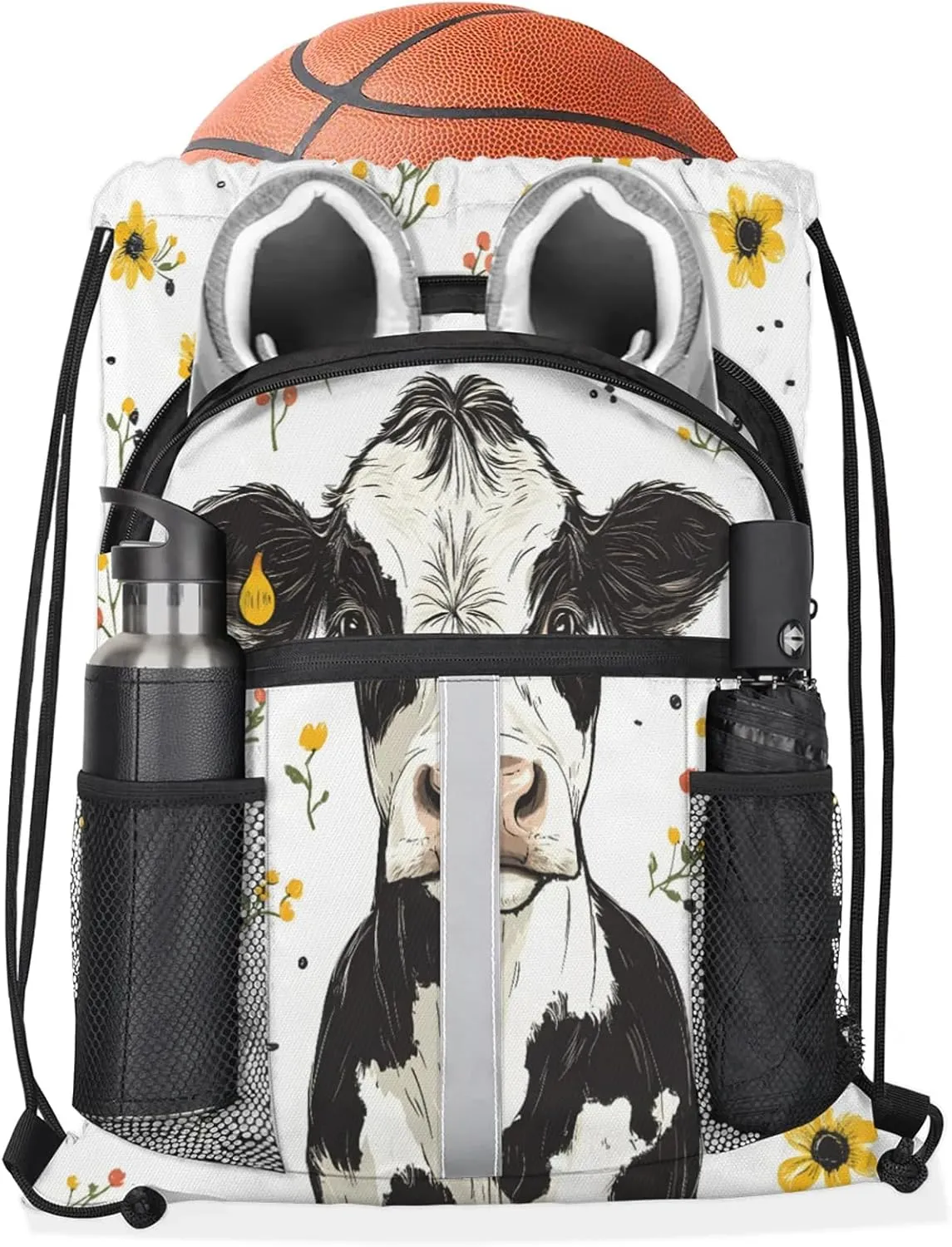Cow Drawstring Backpack Waterproof Floral Cow Small String Bags Sackpack for Sports, Gym, Travel, Swimming, Beach