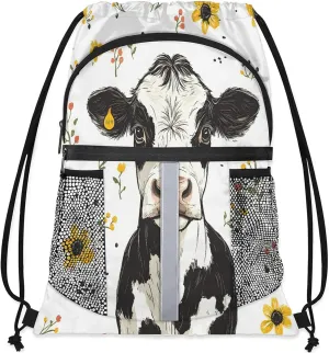 Cow Drawstring Backpack Waterproof Floral Cow Small String Bags Sackpack for Sports, Gym, Travel, Swimming, Beach