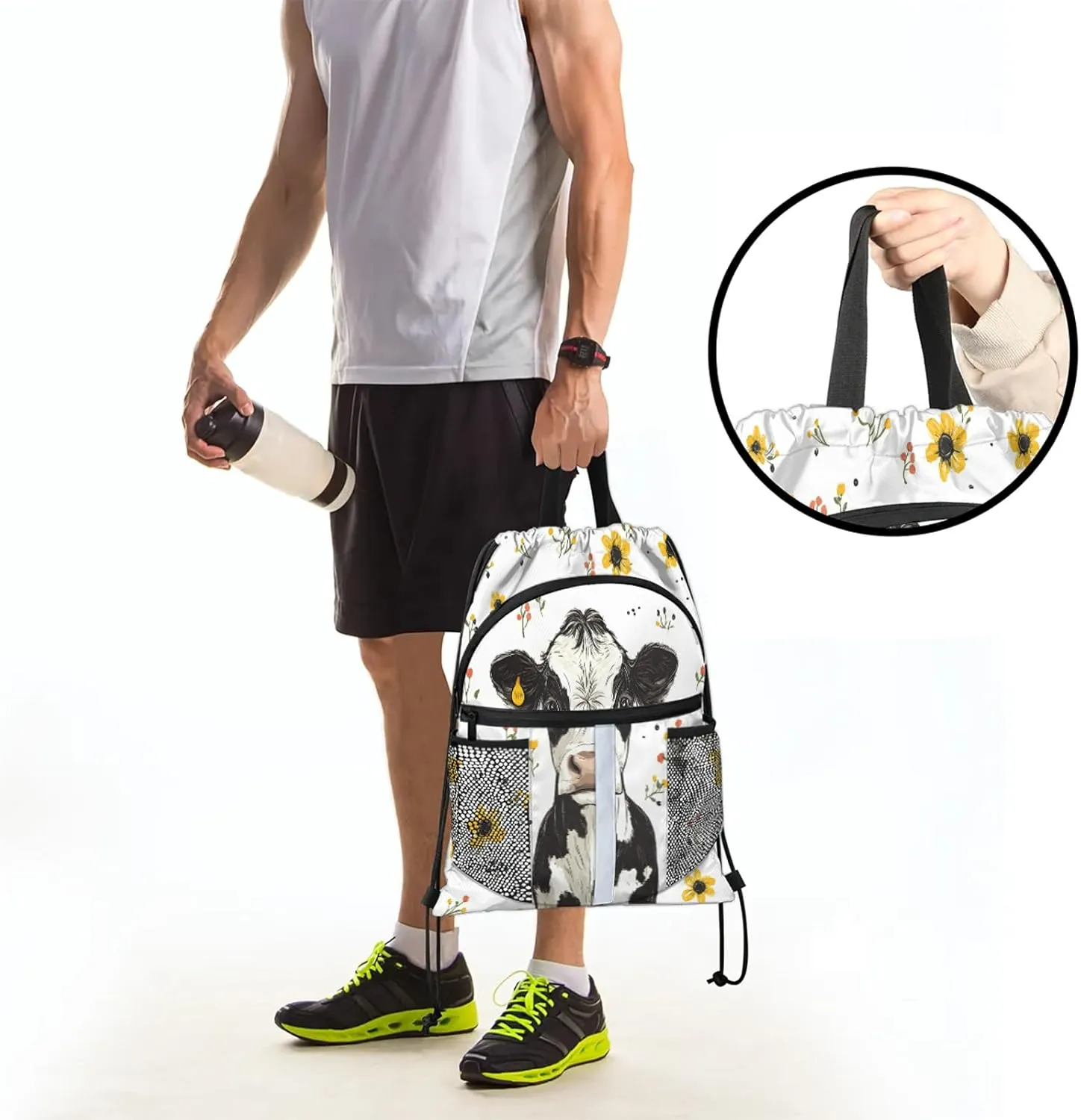 Cow Drawstring Backpack Waterproof Floral Cow Small String Bags Sackpack for Sports, Gym, Travel, Swimming, Beach