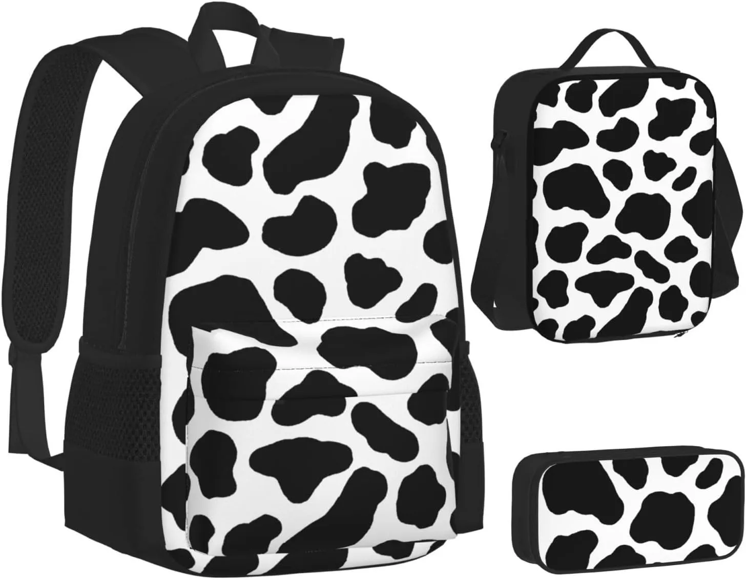 Cow Hide Holstein Cattle Texture Cow Skin Multifunctional Pocket Backpack Crossbody Lunch Bag Pencil Case 3Pcs Set Large Capacity Backpack