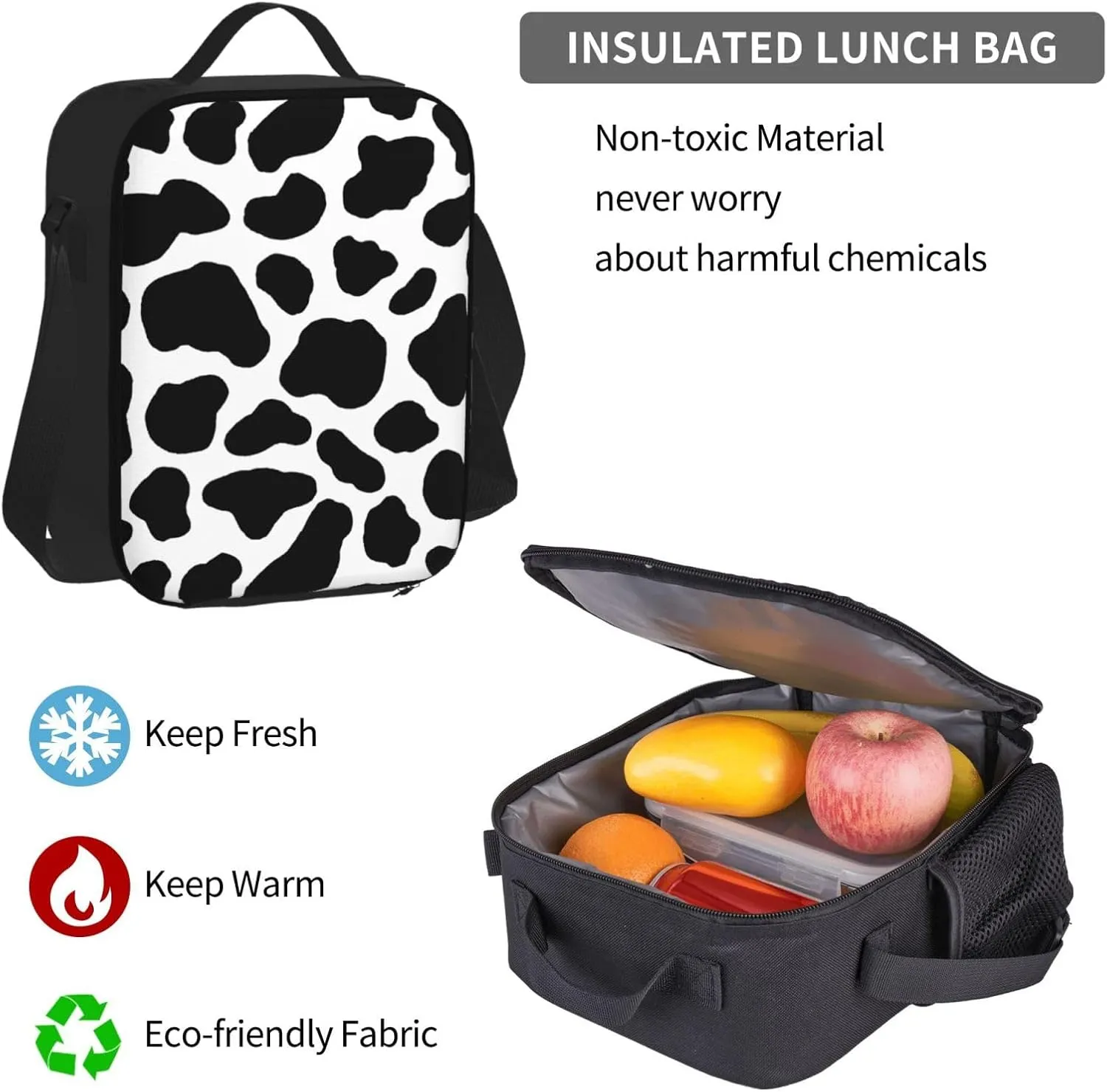 Cow Hide Holstein Cattle Texture Cow Skin Multifunctional Pocket Backpack Crossbody Lunch Bag Pencil Case 3Pcs Set Large Capacity Backpack