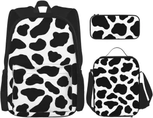 Cow Hide Holstein Cattle Texture Cow Skin Multifunctional Pocket Backpack Crossbody Lunch Bag Pencil Case 3Pcs Set Large Capacity Backpack