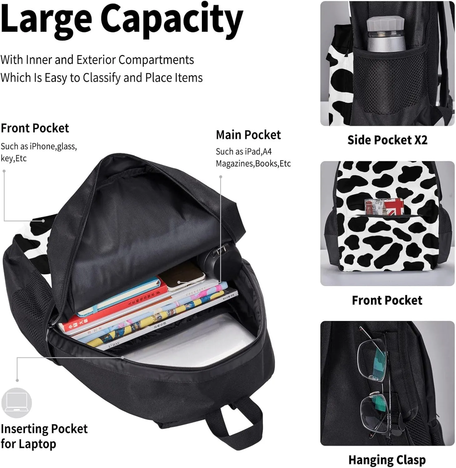Cow Hide Holstein Cattle Texture Cow Skin Multifunctional Pocket Backpack Crossbody Lunch Bag Pencil Case 3Pcs Set Large Capacity Backpack