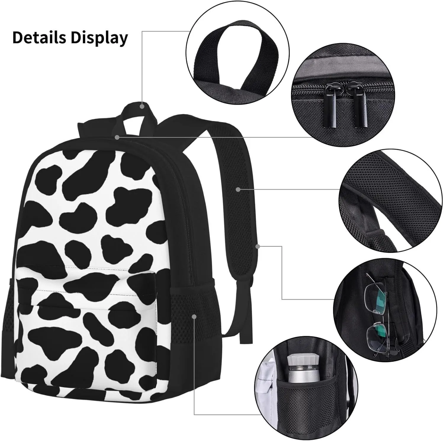 Cow Hide Holstein Cattle Texture Cow Skin Multifunctional Pocket Backpack Crossbody Lunch Bag Pencil Case 3Pcs Set Large Capacity Backpack
