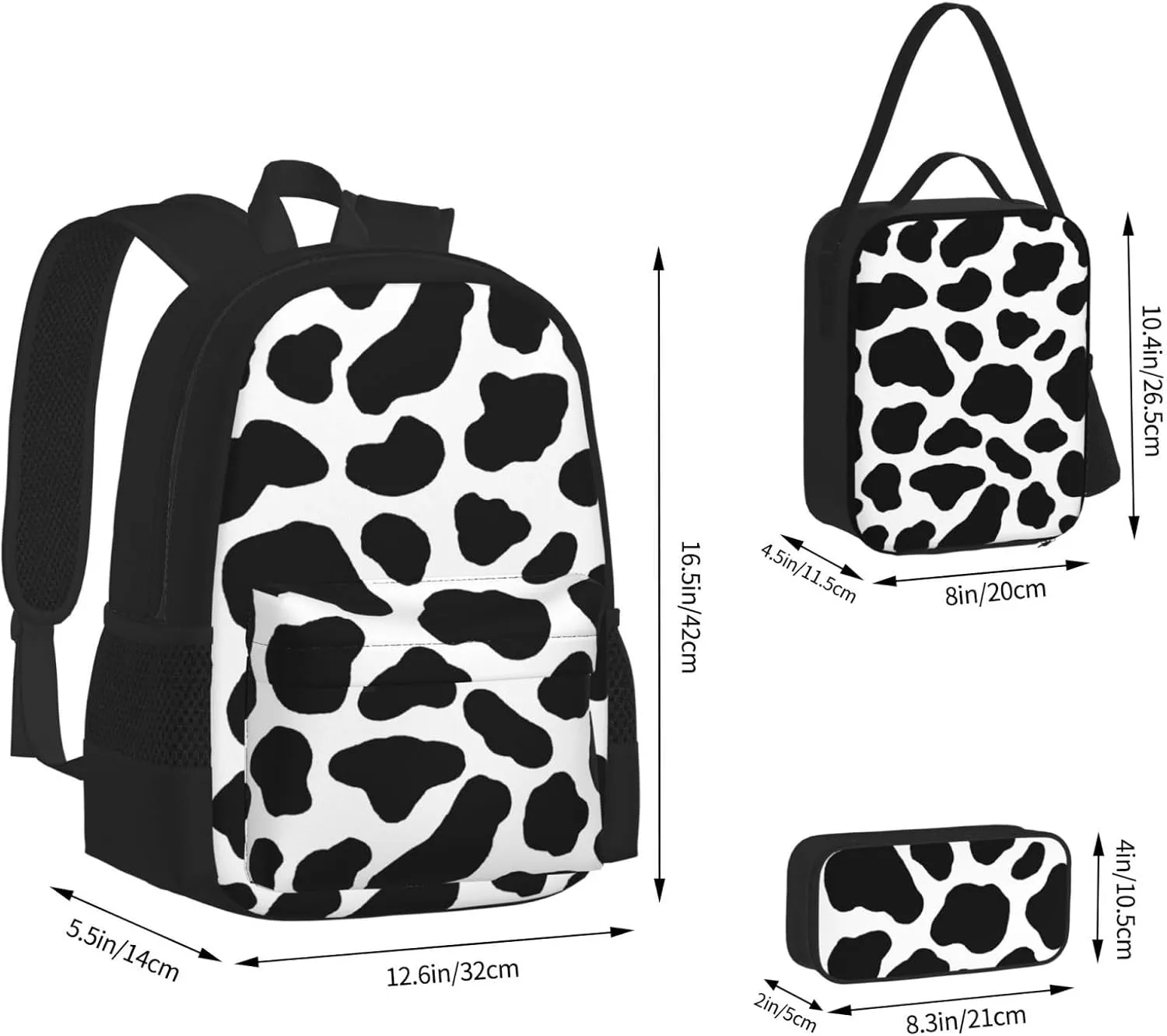 Cow Hide Holstein Cattle Texture Cow Skin Multifunctional Pocket Backpack Crossbody Lunch Bag Pencil Case 3Pcs Set Large Capacity Backpack