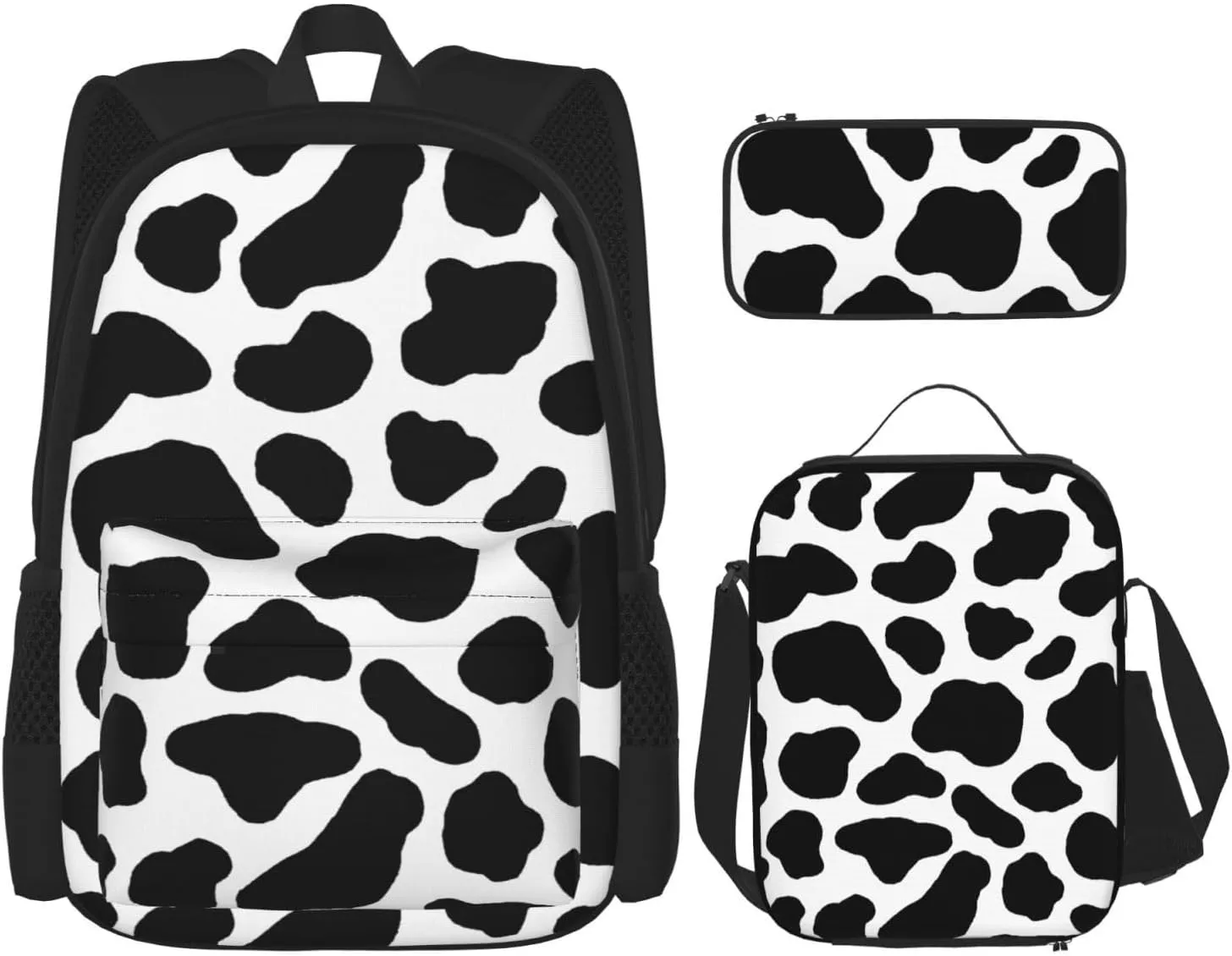Cow Hide Holstein Cattle Texture Cow Skin Multifunctional Pocket Backpack Crossbody Lunch Bag Pencil Case 3Pcs Set Large Capacity Backpack