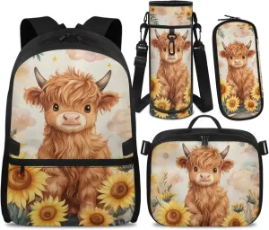 Cow Print Backpack and Lunch Box Set Sunflower Backpack for Kids Back to School Large Capacity Girls Backpacks Ages 8-10 Lightweight Schoolbag Sets for 2nd 3rd 4th 5th 6th Grade Student