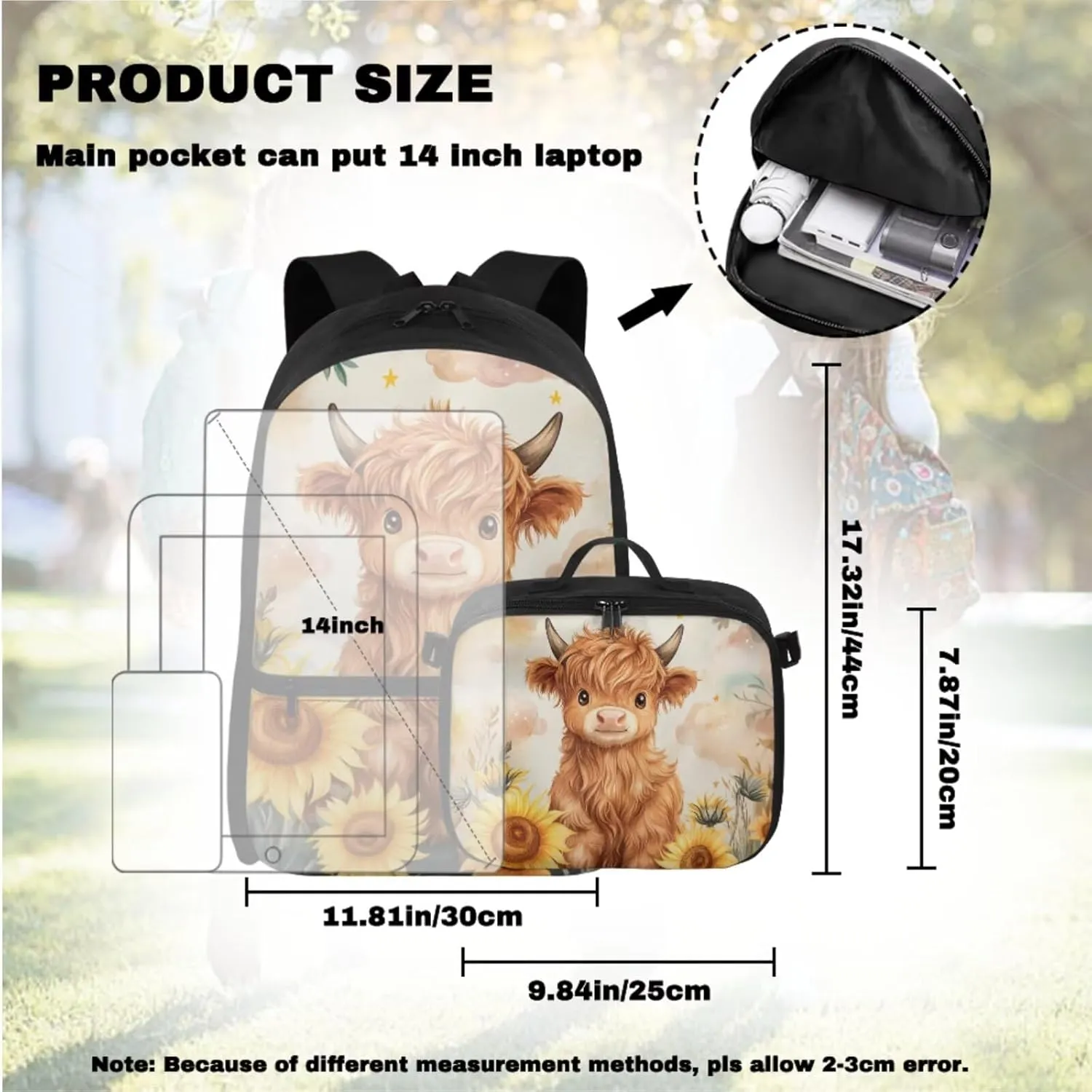 Cow Print Backpack and Lunch Box Set Sunflower Backpack for Kids Back to School Large Capacity Girls Backpacks Ages 8-10 Lightweight Schoolbag Sets for 2nd 3rd 4th 5th 6th Grade Student