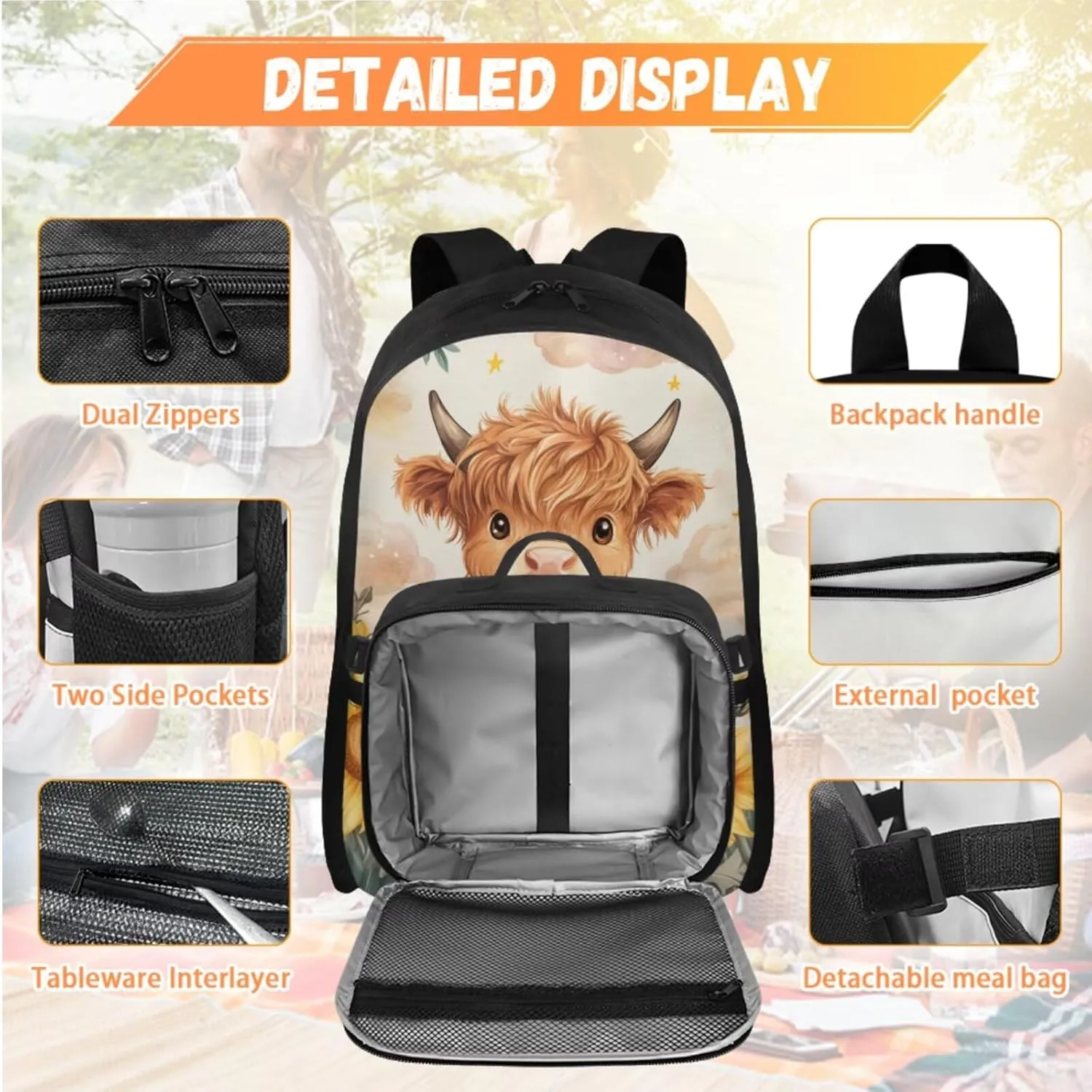 Cow Print Backpack and Lunch Box Set Sunflower Backpack for Kids Back to School Large Capacity Girls Backpacks Ages 8-10 Lightweight Schoolbag Sets for 2nd 3rd 4th 5th 6th Grade Student